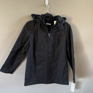 LIZ GOLF  Jacket Womens Large  Black  Detachable Hood Windbreaker Full Zip  New